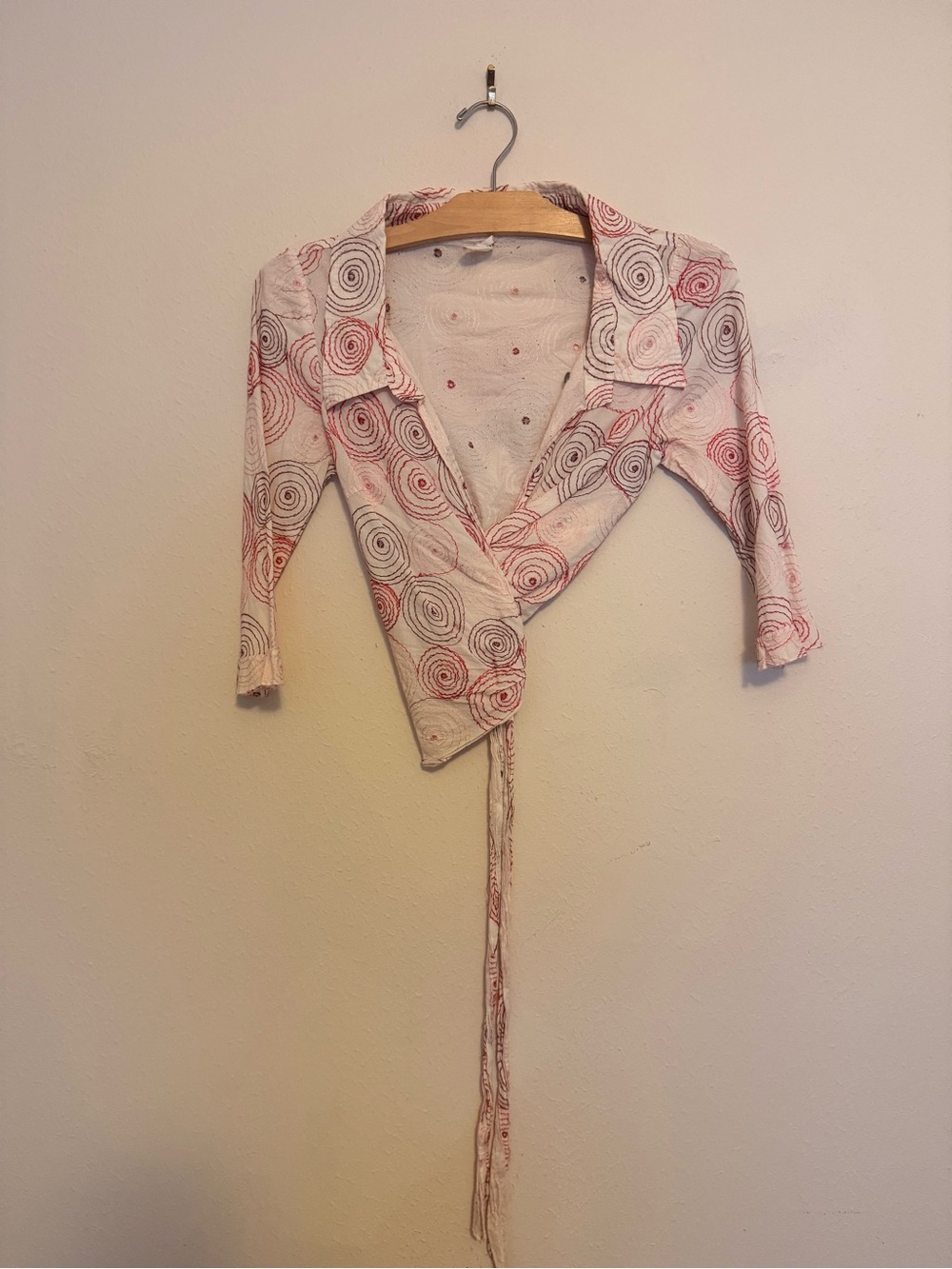 Tom K Nguyen White Cropped Wrap Cardigan with Red & Black Stitching